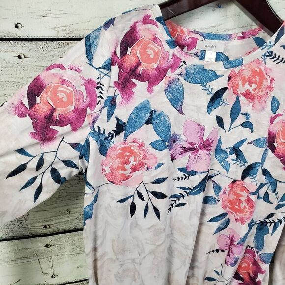 CJ Banks 1X Floral Print Long Sleeve Blouse White Pink Blue Stretch Top with Sid - Picture 3 of 9
